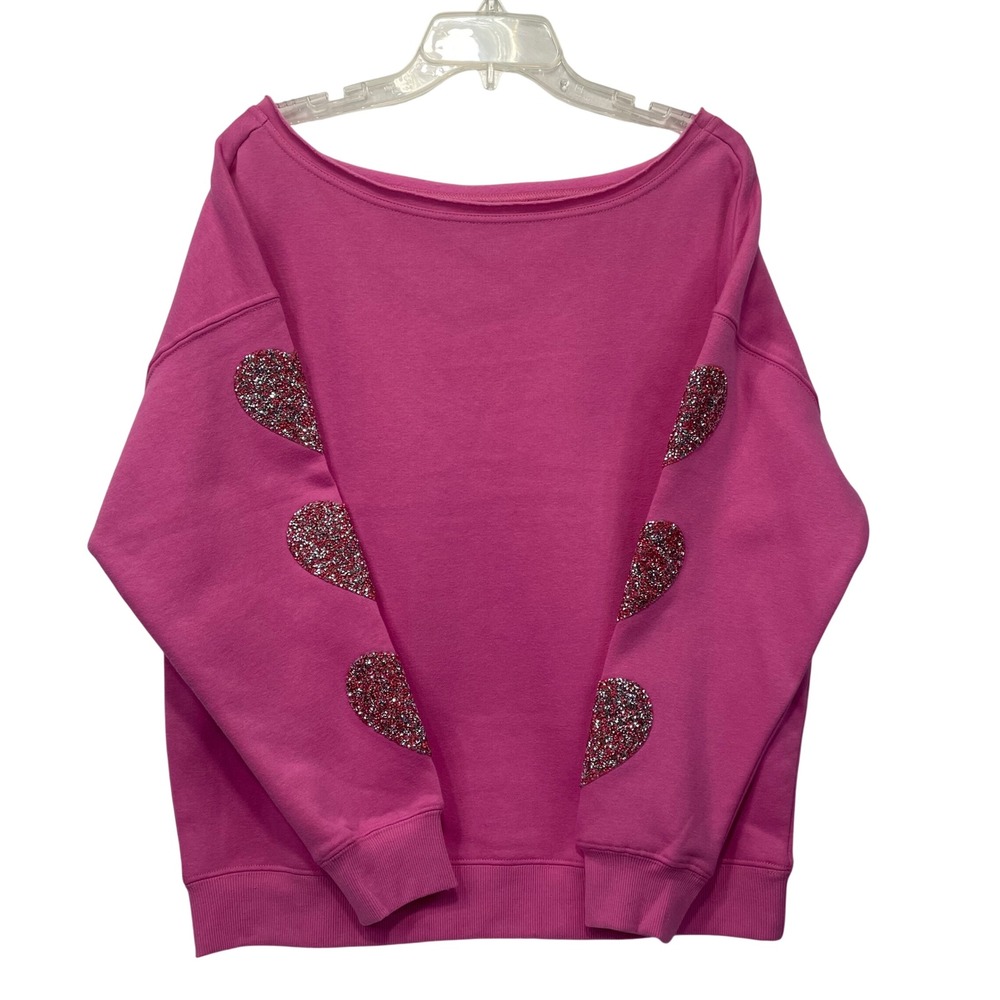 Goodie Two‎ Sleeves Pink Boat Neck Sweatshirt Glitter Heart Sleeve Detail Medium